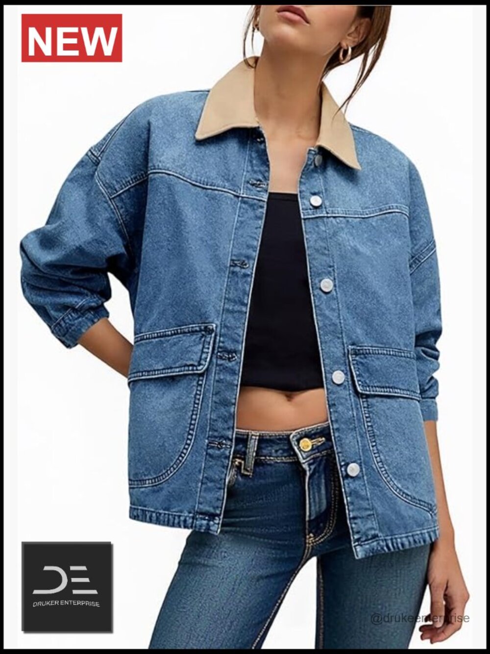 Oversized Denim Jacket with Contrast Canvas Collar - Picture 1 of 6
